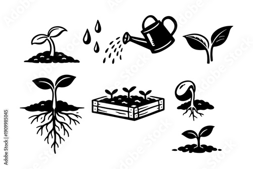 Gardening icons: seedling growth, watering, garden box, plant roots