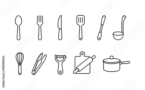 Kitchen utensils icon set, line style. Cooking, culinary tools, and kitchenware icons.