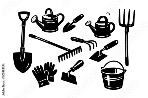Gardening tools illustration with shovel, rake, watering can, and more