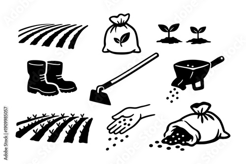 Icons of farming tools and planting elements for agriculture and cultivation