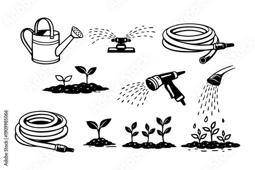 Gardening tools and plant growth: watering can, hose, sprout illustrations