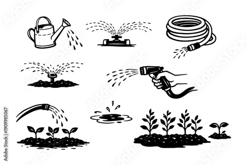 Hand-drawn garden watering tools and plants illustrations
