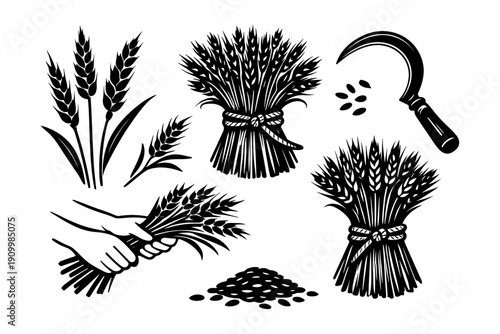 Wheat harvest elements: sheaves, sickle, and grain icons in black and white
