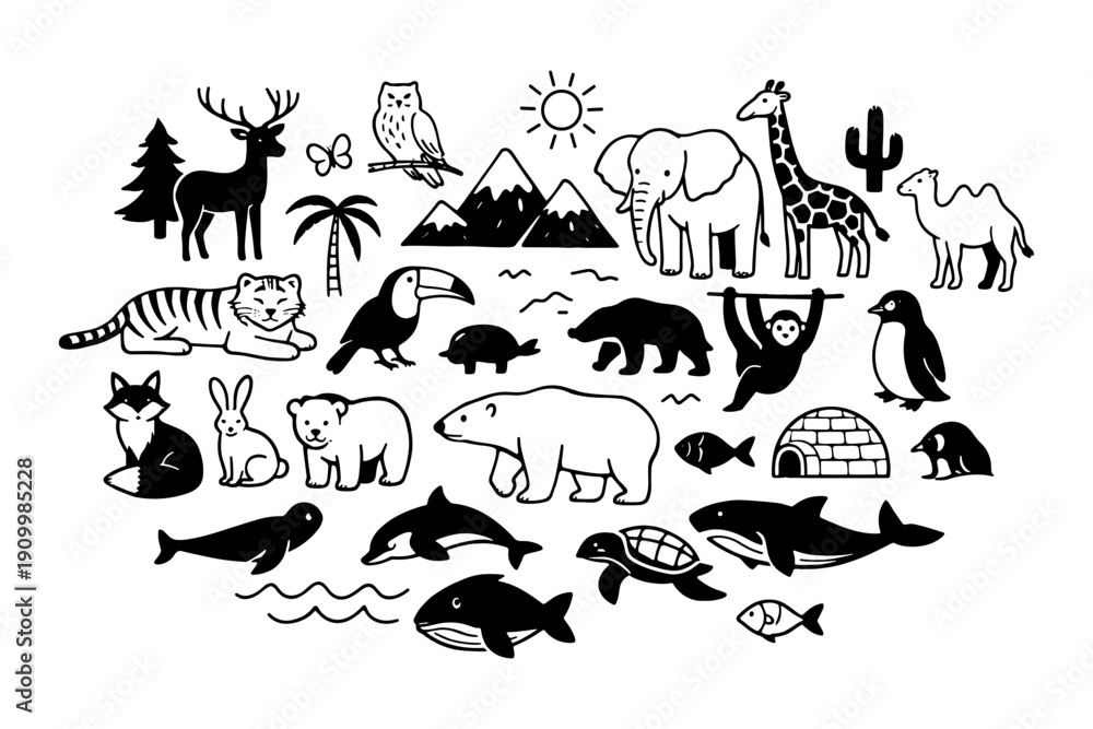Naklejka premium Black and white animal compilation with wildlife icons and nature elements