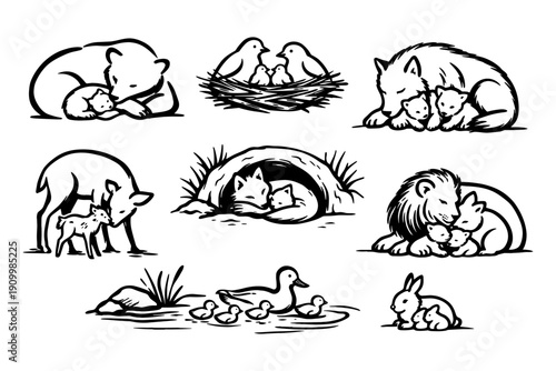 Black and white animal family illustrations with cubs and hatchlings