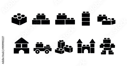Building block silhouette icon set. Construction, toy, block, creative solid icons.