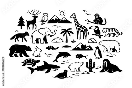 Diverse wildlife: animals from savanna, jungle, and arctic ecosystems