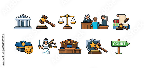 Justice, law flat icon set. Court, legal, judge, attorney icons flat collection