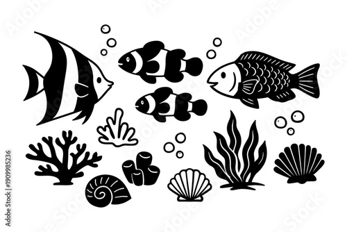 Black and white marine life with fish, coral, and shells