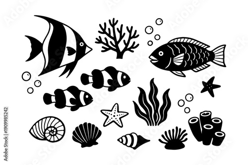 Black and white marine life illustrations with fish, coral, and shells
