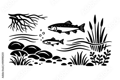 Black and white fish illustration with aquatic plants and rocks