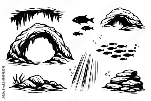 Black and white underwater marine life and cave illustrations
