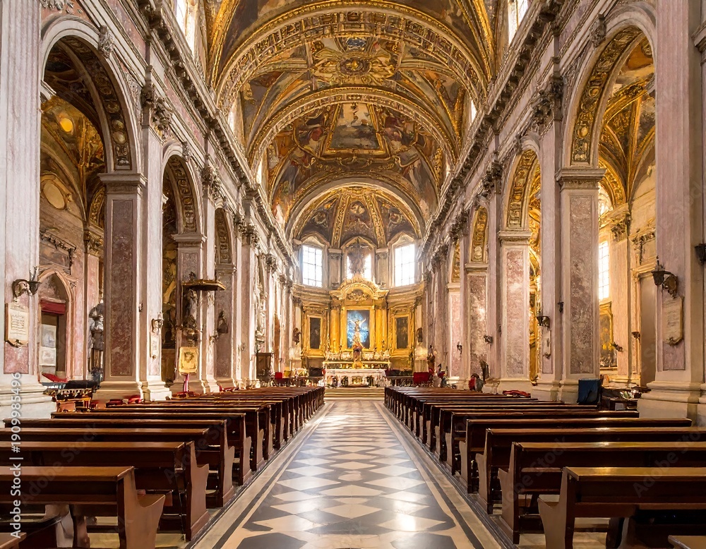 Obraz premium Interior view of a long, ornately decorated cathedral with arched ceilings and rows of pews