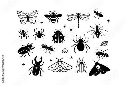 Collection of insect silhouettes including beetle, bee, dragonfly, butterfly, spider, ant