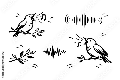 Stylized singing birds with music notes and sound waves on branches