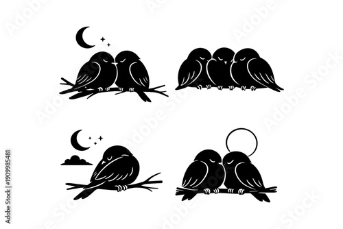 Silhouette of birds perched on branches under moonlight