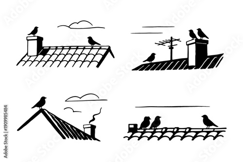 Silhouetted birds on rooftops with antennas and scenic clouds