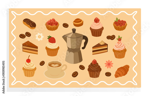 A charming set of hand-drawn vector icons. Coffee pot, mug, croissants, macarons, tartlets, eclairs, rolls, and cherry muffins. Suitable for banners, posters, postcards, menus, and recipes.