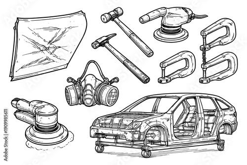 Car restoration tools and equipment including body, sanding, safety gear and clamps