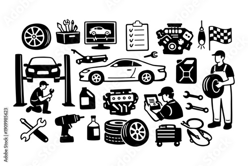 Car maintenance and repair tools with mechanics in action