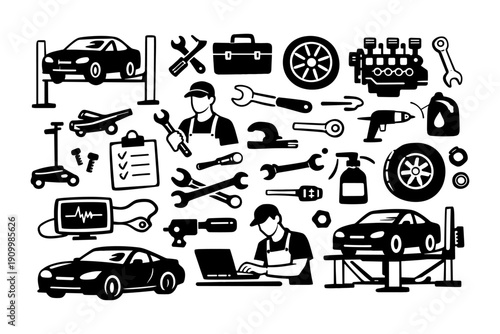 Car maintenance icons: tools, mechanics, and auto parts in black and white