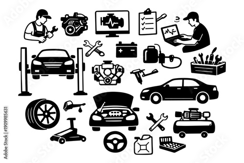 Automotive service icons: tools, vehicles, and diagnostics illustrations