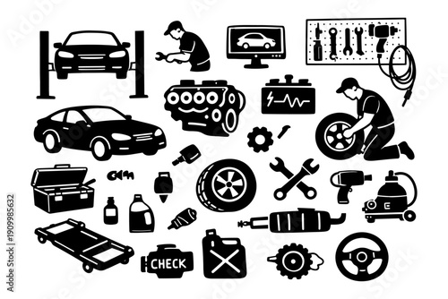 Automotive repair icons: tools, vehicles, parts, mechanics, and equipment in black and white
