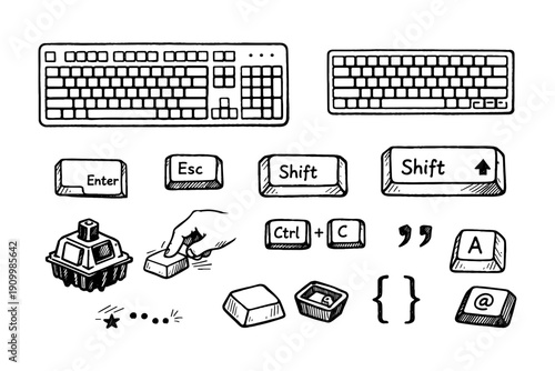 Hand-drawn keyboard elements and icons