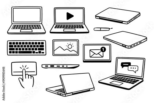 Collection of laptop icons with keyboard, screen, and alert symbols