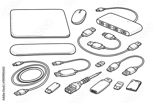 Electronic devices and accessories: mouse, cables, and connectors line art