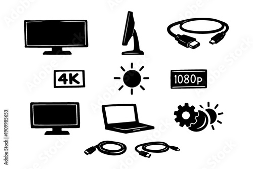 Technology icons: monitors, hdmi cables, laptop, 4k, 1080p, sun, gear