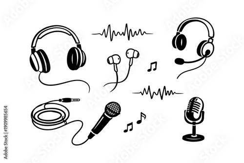Audio equipment icon set: headphones, microphones, and musical notes