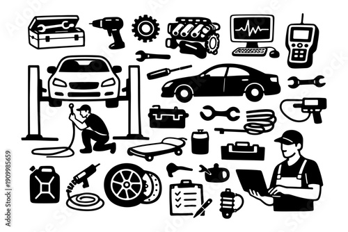 Car maintenance tools and services illustration with mechanic and vehicle elements