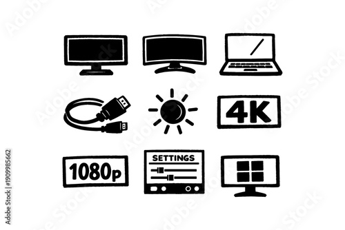 Technology icons: monitors, cables, display settings, 4k and 1080p resolution