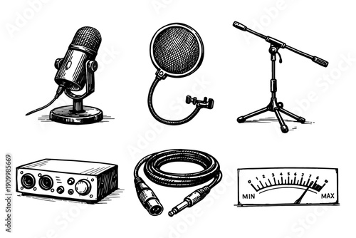 Vintage audio equipment collection with microphone, pop filter, and sound meter