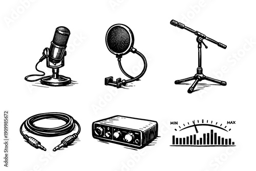 Black and white audio recording equipment illustration set with microphone and cable