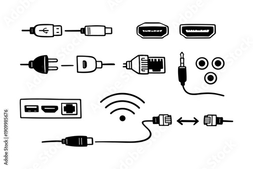Various electronic connectors and cables with wi-fi symbol illustration