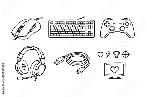 Gaming accessories: mouse, keyboard, controller, headset, cable, monitor