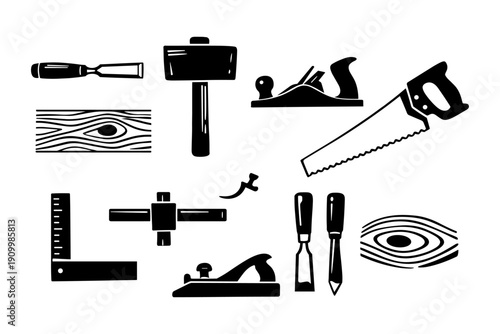 Vintage woodworking tools collection: saws, chisels, and more on white background