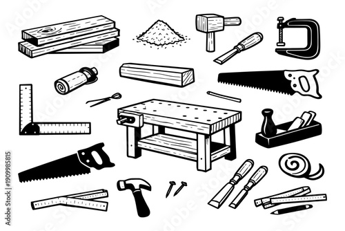 Woodworking tools collection: workbench, saws, clamps, chisels, and more