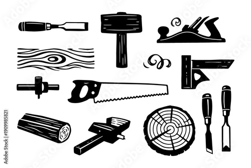 Vintage woodworking tools and patterns: saw, mallet, chisels, plane, woodgrain
