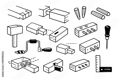 Woodworking tools and joint diagrams: hammer, drill, ruler, pegs
