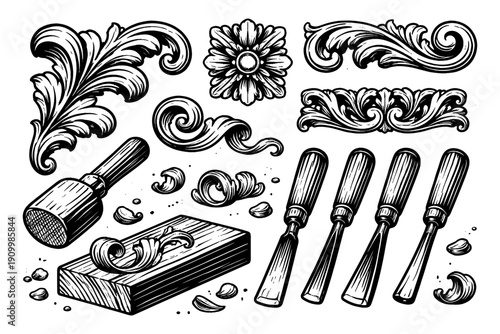 Intricate wood carving tools and designs in black and white illustration
