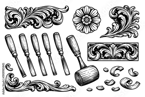 Vintage wood carving tools and ornate floral designs in black and white art