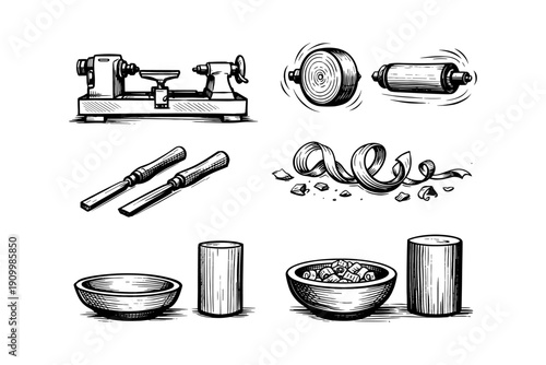 Woodturning tools and techniques with lathe, chisels, and wood shavings