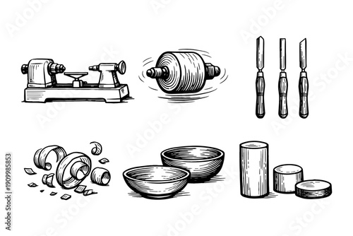 Set of woodworking tools and supplies in black and white line art