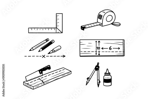 Carpentry tools and measurements: ruler, tape, pencils, saw, compass, glue