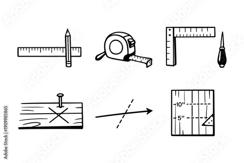 Measuring tools set with rulers, tape measure, square, awl, and wooden plank