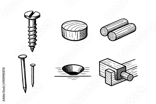 Hand-drawn woodworking tools and fasteners: screws, nails, dowels, and drill