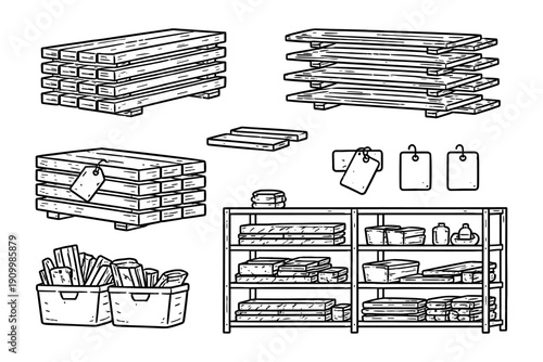 Wooden planks and shelving with storage containers and tags illustration